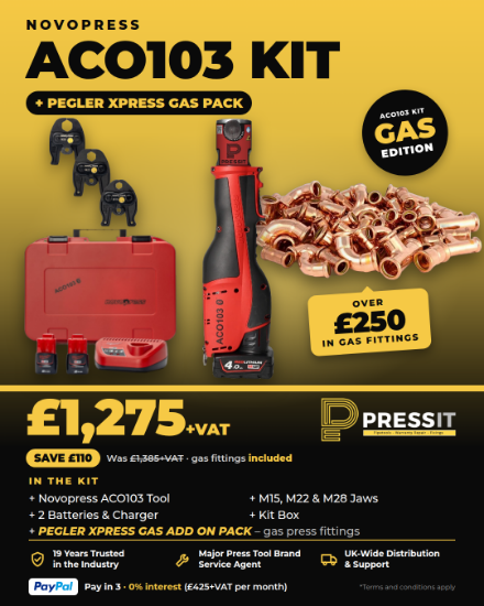 Picture of Novopress ACO103 Machine with M15, M22, M28 + 2 Batteries / Charger, box & Pegler Xpress Gas Pack